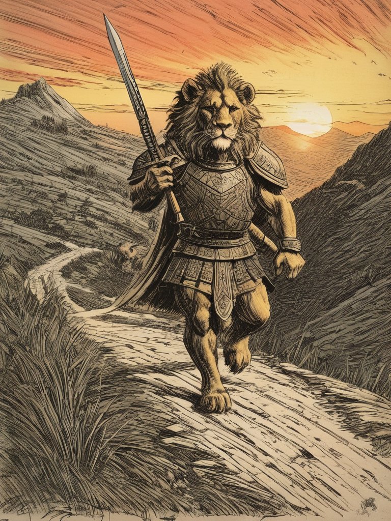 00090-3136717514-style of William Stout, an anthropomorphic lion warrior, a weapon, and a armor, walks through the mountain, sunset,  _lora_Wizar.jpg